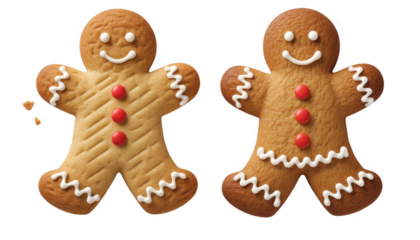 Two gingerbread man cookies with white icing and red candy buttons on black isolated on a transparent background