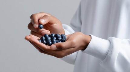 A person is holding a bunch of blueberries in their hand. Concept of freshness and health, as blueberries are known for their nutritional benefits. The person's hand is close to the camera