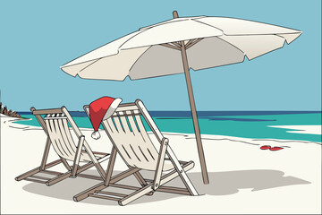 Santa Claus hat resting on tan chairs beneath white parasol at turquoise beach, perfect tropical Maldives vacation for Christmas and New Year.