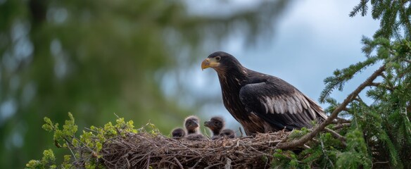 Obraz premium Majestic eagle nurturing its vulnerable young nestlings in the cozy nest.