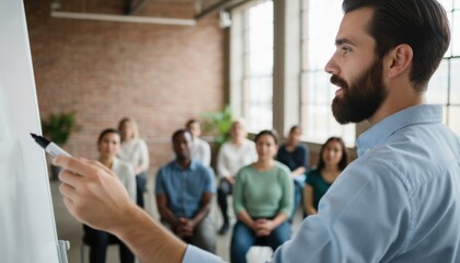 Bearded male business coach giving a presentation on a whiteboard to a diverse audience during a corporate training seminar in a modern loft office