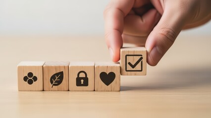 Naklejka premium Hand places wooden checkmark block completing important life values choice and quality selection on table
