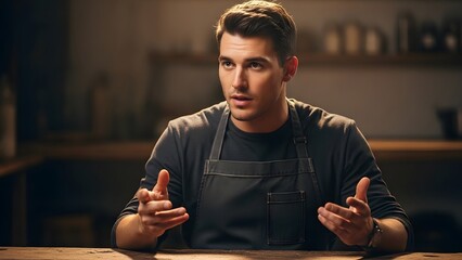 Confident young man in a professional apron actively communicating, sharing valuable insights and expertise during an engaging discussion in a cozy setting