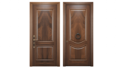 Two wooden doors one with a brass handle and the other with a ring knocker isolated on a transparent background