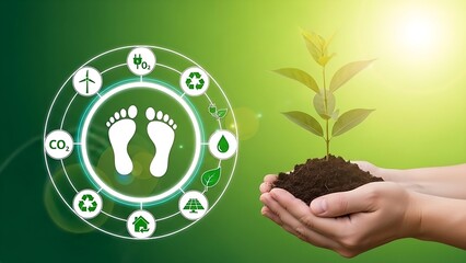 Hands holding a young plant with a carbon footprint and sustainability icons