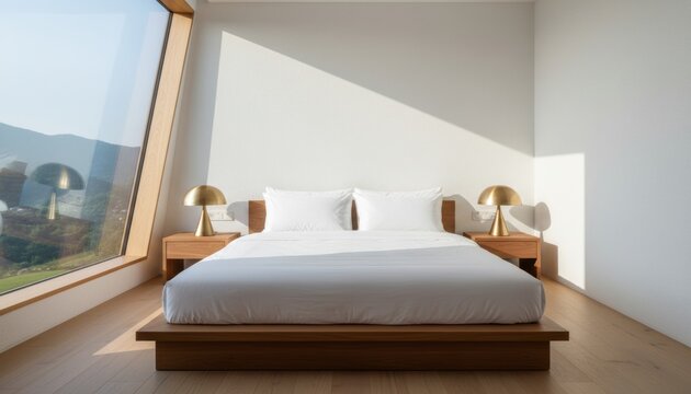 Minimalist wooden platform bed with crisp white linens in a sunlit modern bedroom with a large scenic window and brass lamps, creating a serene and tranquil atmosphere - Powered by Adobe