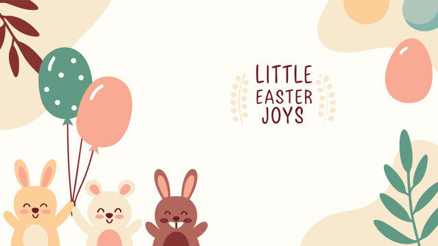 Cute easter bunnies holding balloons and celebrating with the text little easter joys surrounded by decorative elements like leaves and abstract shapes in a soft color palette