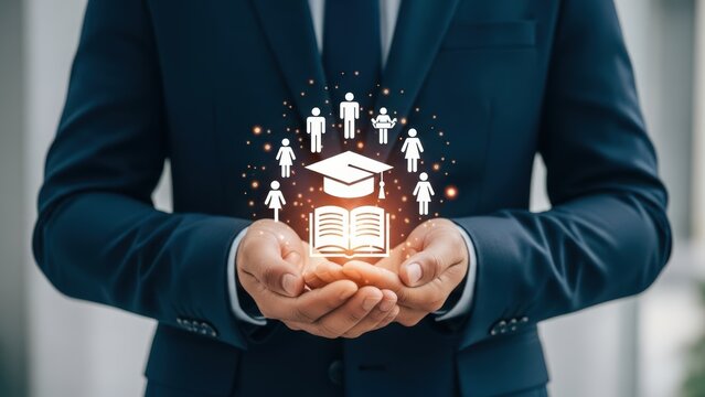 Professional hands holding glowing education icons representing academic knowledge learning success and career development