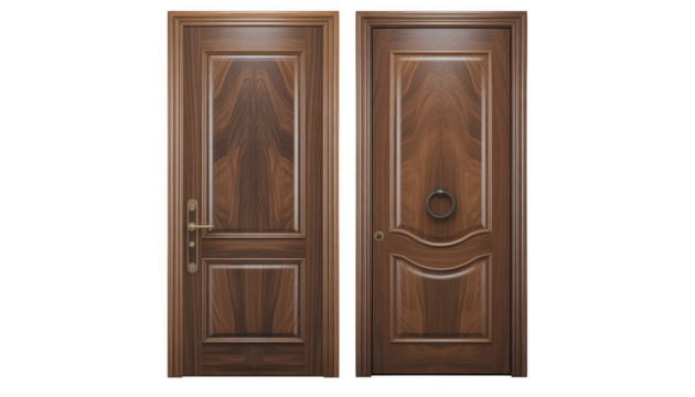 Two wooden doors one with a brass handle and the other with a ring knocker isolated on a transparent background