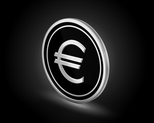 Shiny Silver And Black Rounded European Euro Coin Isolated On dark Background 3d Illustration