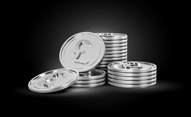 Stack Of Silver Shiny British Pound Rounded Coins On Shiny Silver Glow Background 3d Illustration