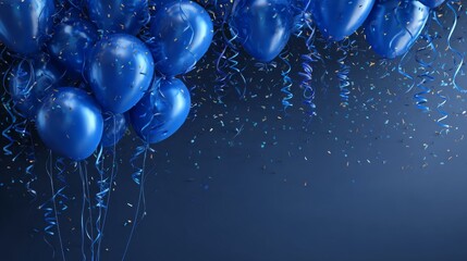Festive birthday celebration with blue balloons, shimmering confetti, and elegant dark blue party background for invitations and holiday event design