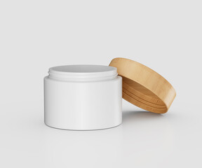 White cream jar mockup with natural wooden lid for beauty and skincare products.