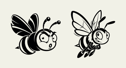 Two Expressive Cartoon Bee Characters One Grumpy and One Joyful, Presented as Monochrome Vector Illustrations for Design Projects