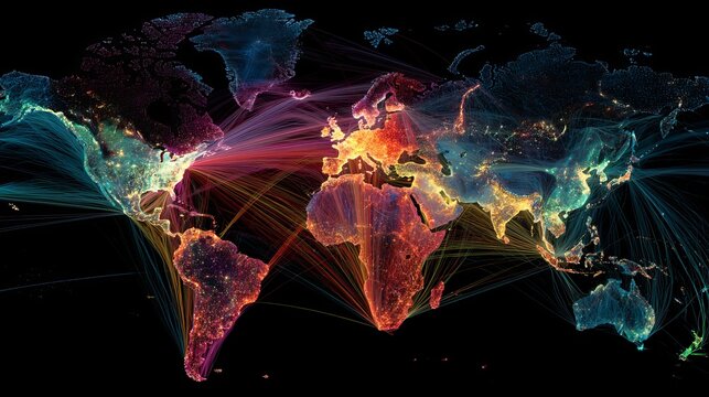 Global connections pulsing across an abstract world map, vibrant networks illuminating international relations and worldwide communication in a modern style