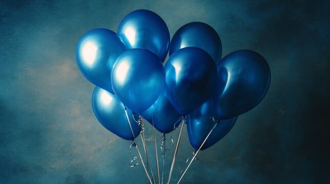 Festive birthday celebration with blue balloons, shimmering confetti, and elegant dark blue party background for invitations and holiday event design