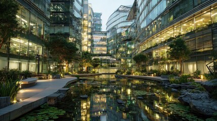 Modern office complex courtyard at dusk