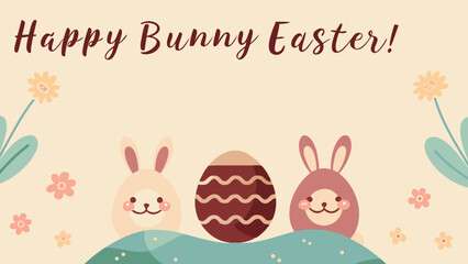 Cute cartoon easter bunnies and decorated eggs with flowers and text happy bunny easter on a pastel background festive spring holiday celebration greeting card