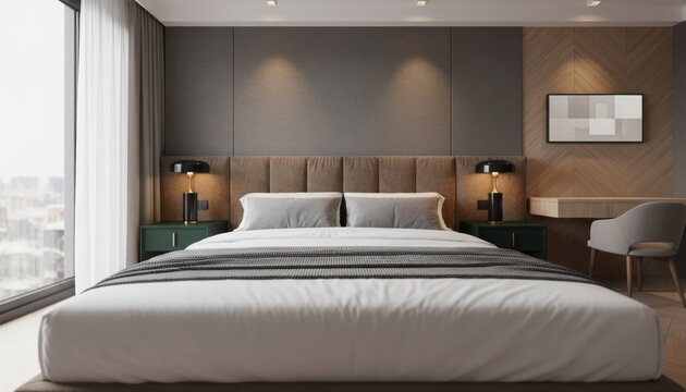 Comfortable double bed with white and grey bedding in a luxurious contemporary hotel room with warm accent lighting and a wooden feature wall
