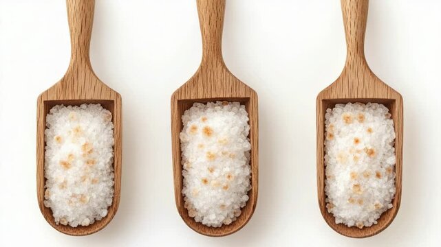 Video Three wooden spoons filled with sea salt on a white surface, ideal for kitchen or table decoration