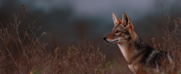Jackal silently resting near sparse thorny brush in a remote rugged wild setting