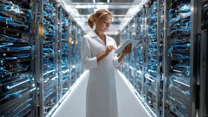 Tech Professional in Data Center: A dedicated tech professional stands amidst a vast data center, her focus intently on a tablet as she monitors the digital landscape. She signifies innovation. - Powered by Adobe