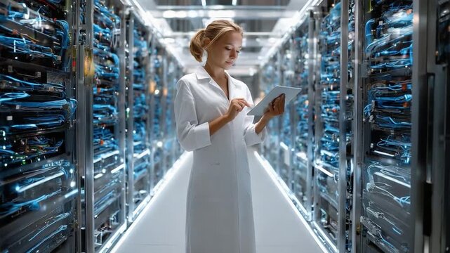 Tech Professional in Data Center: A dedicated tech professional stands amidst a vast data center, her focus intently on a tablet as she monitors the digital landscape. She signifies innovation.