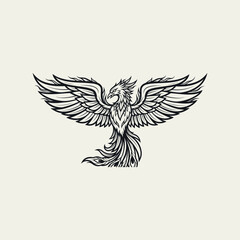 Obraz premium Elegant Phoenix Soaring A Detailed Black and White Illustration of Mythical Bird in Flight