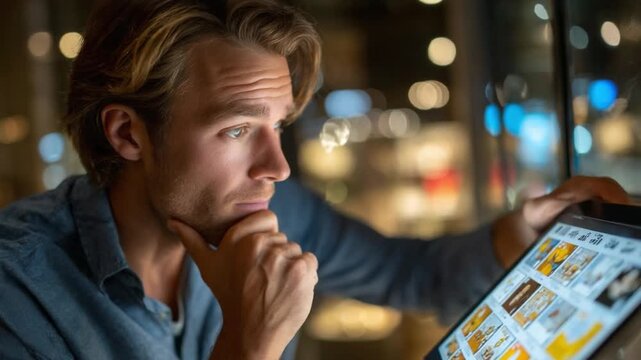 Focused Observation: A person deeply engrossed, meticulously examining the screen of tablet in a softly lit, modern setting, perhaps lost in thought or immersed in creative work. 