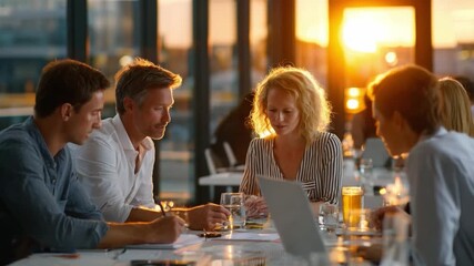 Collaboration at Dusk: A focused group collaborates around a table as the sunset casts a warm glow, evoking a sense of unity and shared purpose.