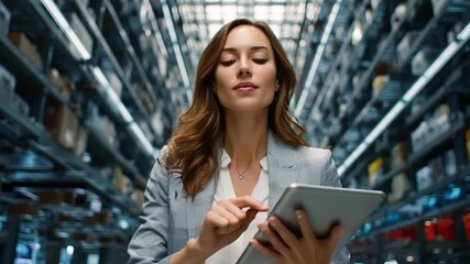 Inventory Management Professional: A woman uses a digital tablet to manage inventory, navigating rows of products in a bustling distribution center. Focusing on tech in warehouse environment. - Powered by Adobe