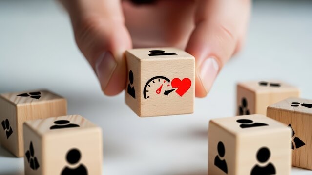 Hand selects wooden block with heart rate monitor icon representing health management and personal well-being - Powered by Adobe