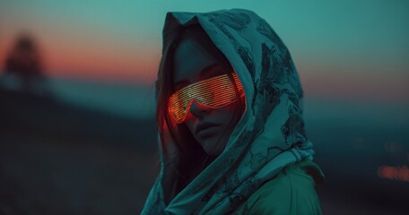 Woman with futuristic glasses at dusk