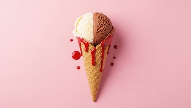 Vanilla and chocolate ice cream cone with melting strawberry syrup - Powered by Adobe