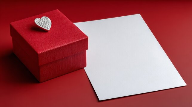 A red box with a heart on top sits on a red background. A white piece of paper sits next to the box - Powered by Adobe