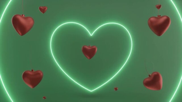 3D animation of glowing neon &lsquo;Thank You&hellip;&rsquo; text centered on a light green fullscreen background, decorated with floating 3D heart ornaments gently rotating