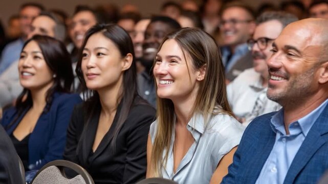 Captivated Audience: An engaged audience, composed of diverse individuals, attentively watches an engaging presentation, their faces alight with interest and smiles.