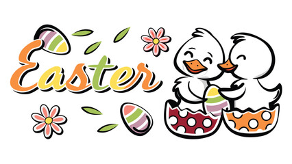 Obraz premium Cute cartoon easter chicks hatching from colorful eggs with decorative flowers and leaves celebrating the spring holiday