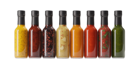 Professional product photography of eight vibrant glass hot sauce bottles in a row, highlighting colors, textures, reflections, and premium clarity. Transparent background.