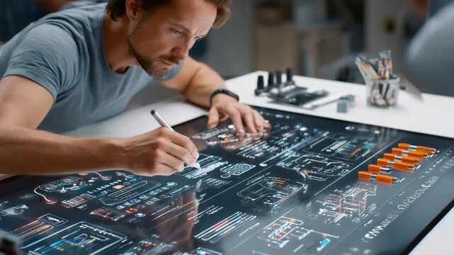 Architect at Work: A focused architect meticulously works on an intricate blueprint, capturing the essence of technical design and the precision required in modern architecture.