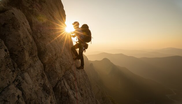 Lone rock climber with a backpack scaling a steep mountain face, silhouetted against a dramatic sunburst during a golden sunrise over a hazy valley