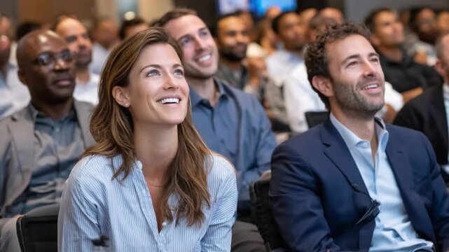 Engrossed Audience: Attendees at a business conference or seminar, their faces lit with anticipation and engaged in a shared experience of learning and collaboration.