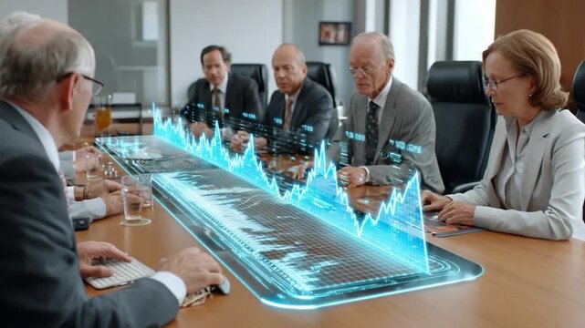 Strategic Session: In a modern boardroom setting, a group of business leaders engages in a crucial strategic session, examining interactive holographic financial data visualizations. - Powered by Adobe