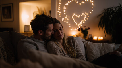 Romantic Couple Embraced in Heart Lights Valentine's Living Room