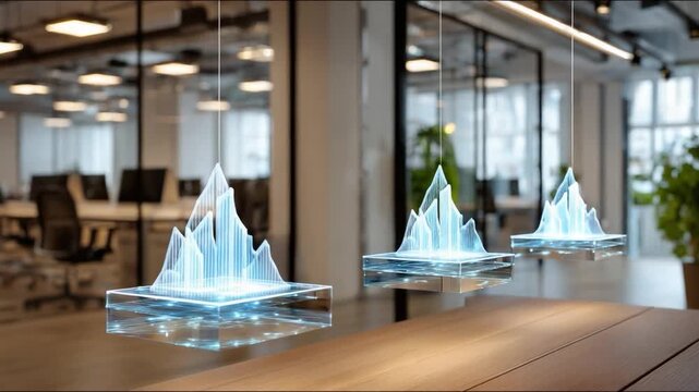 Illuminated Installation in Office: A captivating display of abstract, glowing installations suspended above a conference table.