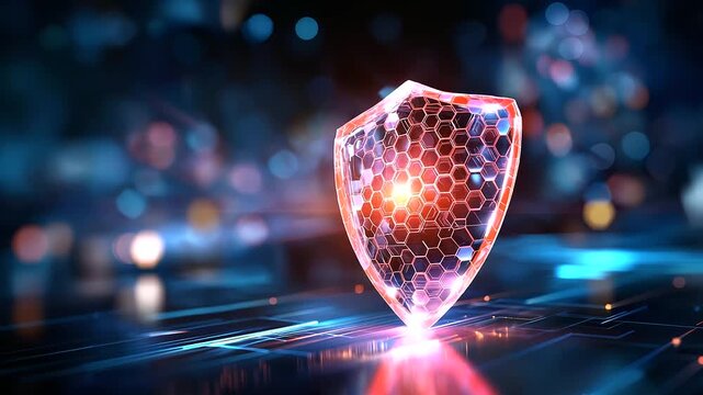 Futuristic shield hologram with hexagon pattern, defocused data streams, cybersecurity technology concept, digital protection visualization, network defense system, information saf