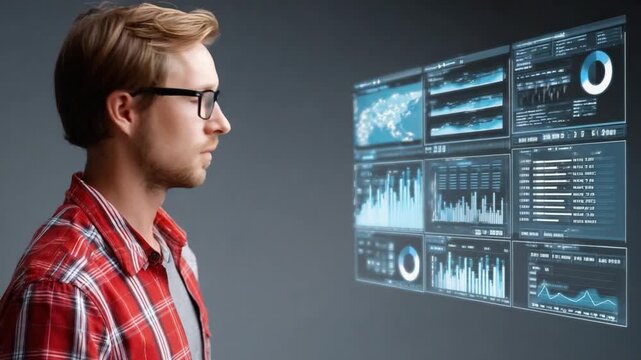Tech Visionary at Work: A focused man with glasses, immersed in analyzing a dynamic data display with multiple charts, tables and graphs. Exploring a realm of information and innovation