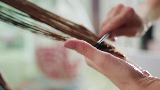 close-up wet hair being trimmed by stylist with scissors, salon cape and mirror in soft daylight, focused hands separating strands and cutting ends with precise motion, modern salon calm atmosphere