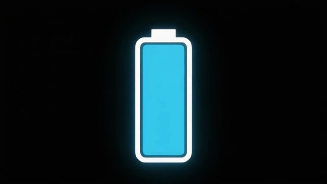 A clean animation of a battery icon charging on a pure black fullscreen background. No text, no words. Smooth glowing charging effect