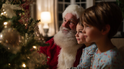 Santa Claus Decorating Christmas Tree with Children in Festive Living Room
